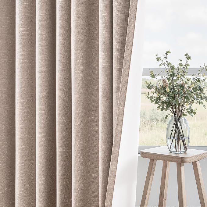 90 inch long linen Blackout curtains 2 Panels 100% Black out Linen texture Curtain Window Drapes with Back Tab Rod Pocket Light Blocking Thermal Insulated Curtains for Bedroom Living Room Beige