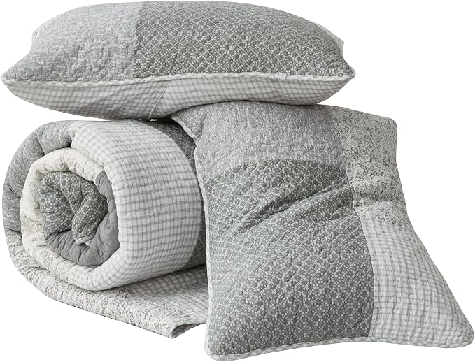 Chezmoi Collection Cooper 3-Piece Muted Gray White Ivory Floral Plaid Patchwork Quilt Set - Pre-Washed Cotton Quilted Lightweight Reversible Bedspread for All Seasons, Queen Size