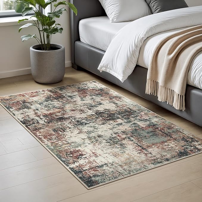 Rugflix 2x3 Entrance Rugs, Washable Rust Brown Green Entry Rug | Machine Washable; Stain-Resistant; Low Pile; Non-slip; Modern Abstract; Black Carpet for Entryway Kitchen Hallway Home