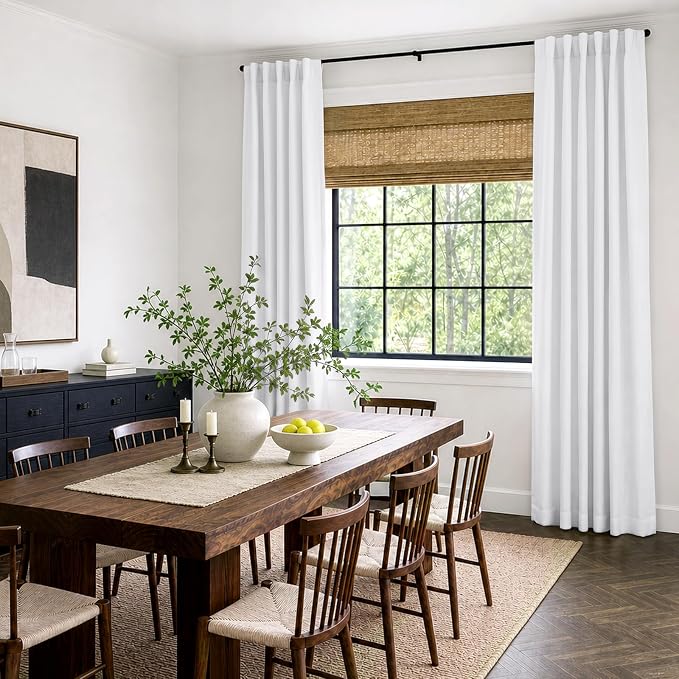 INOVADAY 100% Blackout Linen Curtains for Bedroom 50x96 Inches Bright White | Linen Textured, Light Blocking, Room Darkening, Thermal Insulated, Back Tab Top, Window Curtains for Living Room, 2 Panels