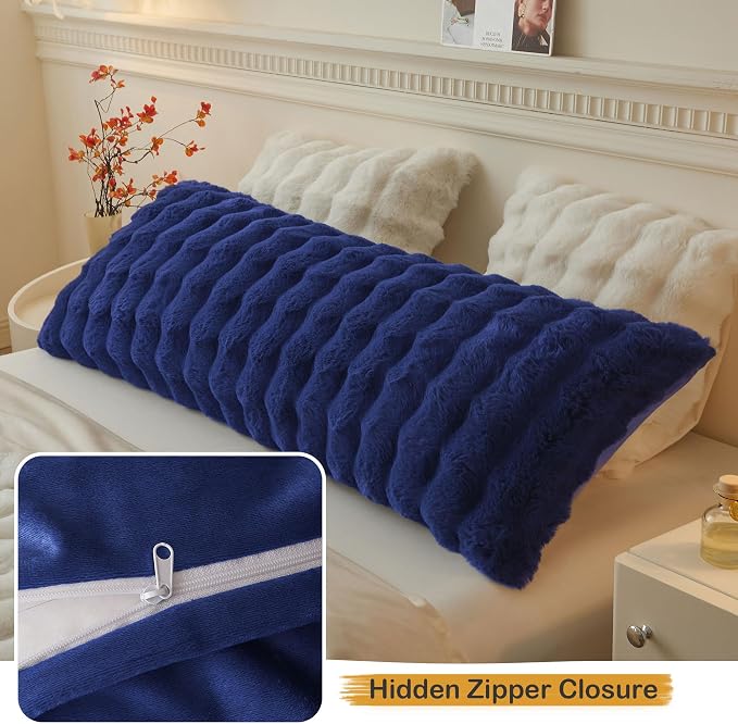LIFEREVO Fluffy Faux Rabbit Fur Body Pillow Cover 20"x54", Navy Blue | Luxury Bubble Waffle Shaggy Bed Pillowcase with Hidden Zipper, Decorative Royal Long Fuzzy Pillow Case for Adults Kids Girls