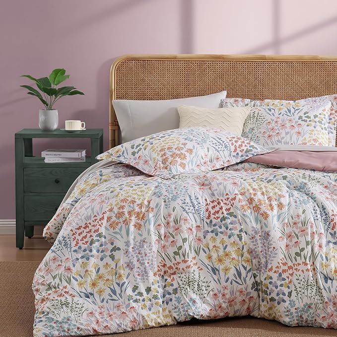 Queen Comforter Set - 7 Pieces Soft Floral Bed in a Bag Queen Bedding Sets | All Season Botanical Texture Flowers Comforter Set with Sheets, Pillowcases & Shams