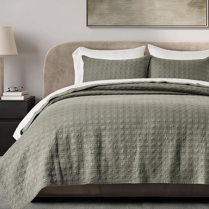 EVERGRACEHOME Cotton Sateen Windowpane Quilt Set King Size, Stone Sage | 100% Cotton, Pre-Washed Soft Coverlet Bedspread, 3-Piece Lightweight Bedding Set for All Season, with 2 Pillow Shams
