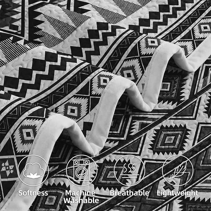 akkialla Reversible Black Boho Twin Quilt Set, 2-Piece Bohemian Aztec Microfiber Bedspread, Soft Lightweight All-Season Coverlet (1 Quilt, 1 Sham)