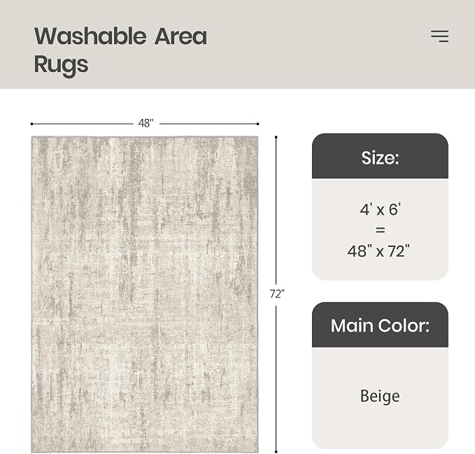 4x6 Area Rug for Entryway, Non Slip Washable Bedroom Rug, Beige | Soft & Lighweight, Folable, Stain Resistant Low Pile Thin Indoor Distressed Carpet Rugs for Living Room,Laundry Room,Kitchen