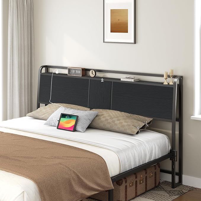 MAHANCRIS Headboard King Size with 2 Power Strips and Flip Door Storage | Industrial King Headboard with Adjustable Bed Frame Adapters, 95° Backrest, Easy Assembly, Sturdy Construction, Black