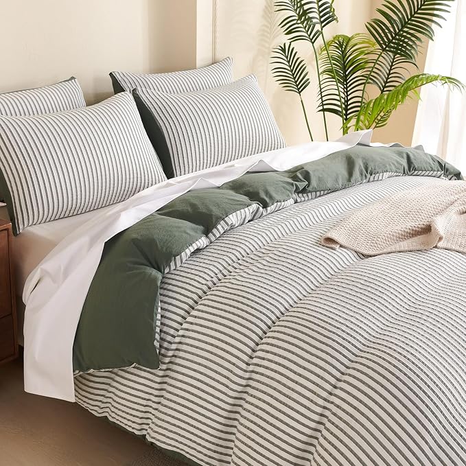Green Comforter Set Queen Size Soft Luxury Washed Microfiber Jacquard 3 Pieces Bedding Set, White Green Vertical Ticking Stripes Pattern Comforter with 2 Pillowcases Breathable Durable Comfy