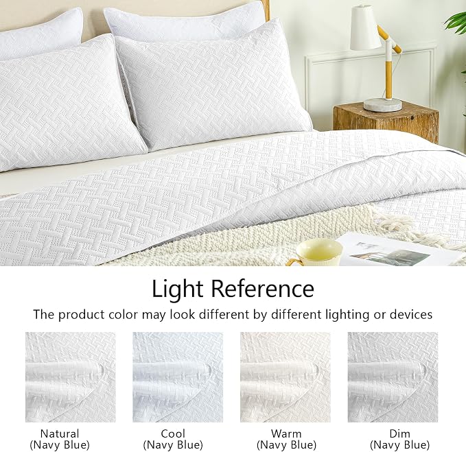 FLYMME White Twin Quilt Bedding Set Thin Lightweight Bedspreads,Modern Style Geometric Weave Stripe Pattern,Soft Microfiber Bed Coverlet for All Season (1 Quilt, 1Sham)