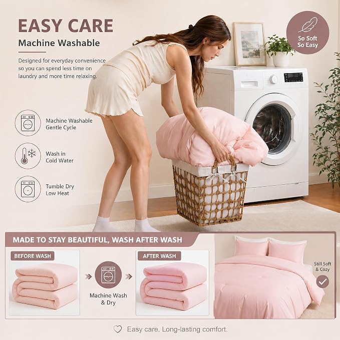 weigelia Pink Comforter Set Full Size, All Season Lightweight Bedding Set | Soft Microfiber Full Comforter Set, Machine Washable, Blush Pink Solid Color Bed Set (1 Comforter, 2 Pillowcase)