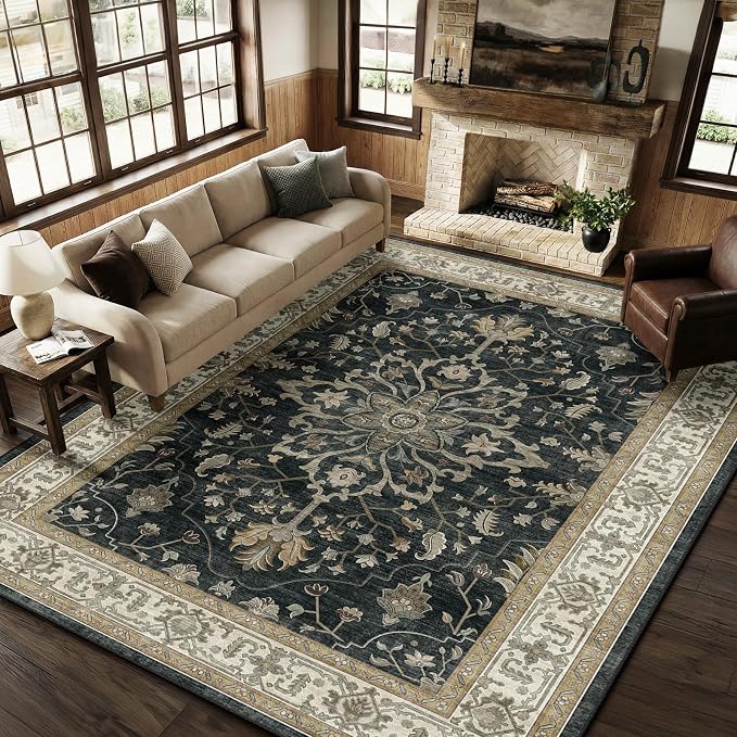 RELEANY Washable Area Rug, 8'x10', Black/Vintage/Beige | Non-Slip, Water Repellent, Pet Friendly, Easy to Clean, Vintage Floral Boho Decor for Living Room Bedroom Dining Room