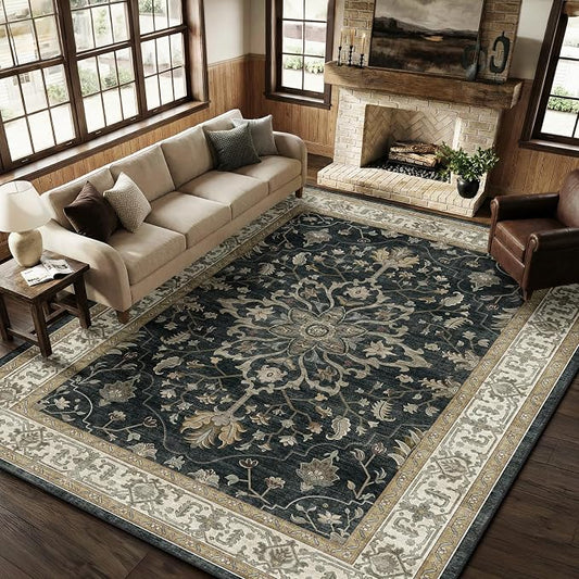 RELEANY Washable Area Rug, 8'x10', Black/Vintage/Beige | Non-Slip, Water Repellent, Pet Friendly, Easy to Clean, Vintage Floral Boho Decor for Living Room Bedroom Dining Room