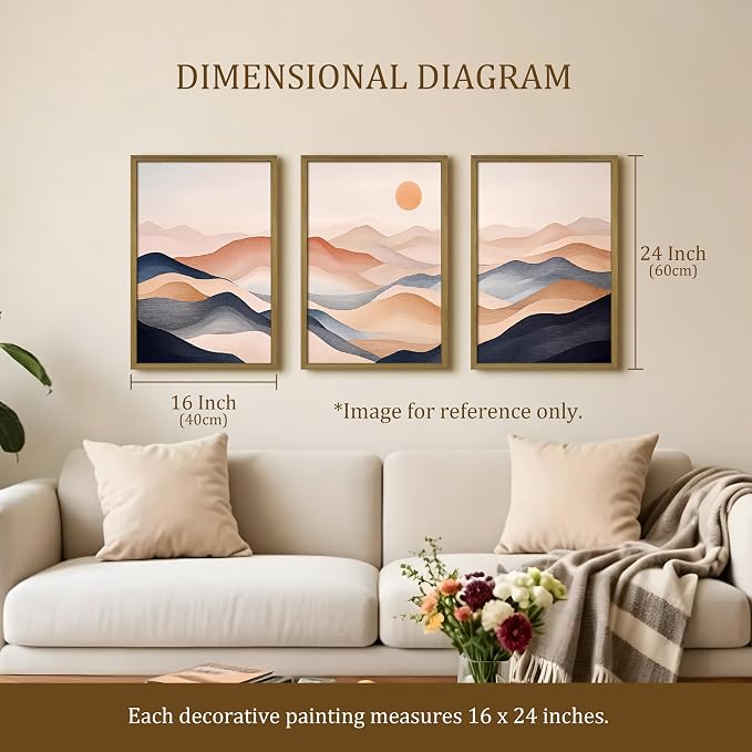 Vintage Abstract Mountain Wall Art Set of 3 Canvas, Neutral Desert Landscape Framed Poster, Retro Boho Painting for Farmhouse Home Decor, Sunrise Nature Print Picture Living Room Bedroom 16x24 Inch