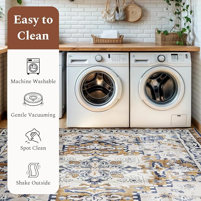 Rugflix 9x12 Area Rugs for Living Room, Washable Light Brown Large Rug | Machine Washable; Stain-Resistant; Low Pile; Non-Slip; Boho Vintage Printed; Carpet for Bedroom Dining Office Nursery Home