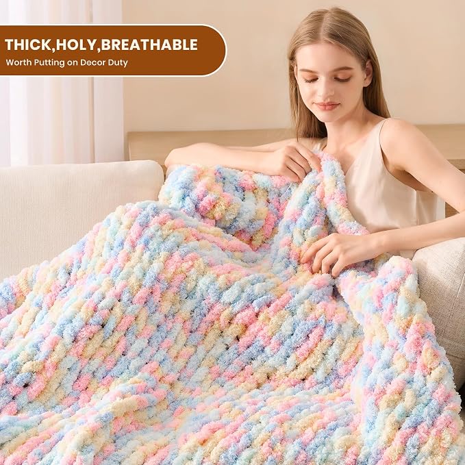 L'AGRATY Chunky Knit Throw Blanket for Couch, 50 x 60 Inches, Rainbow | Handmade Chenille Crochet Blanket for Sofa Bed, Thick Cable Knitted Blankets for Room Home Decor, Birthday Gift for Women Mom