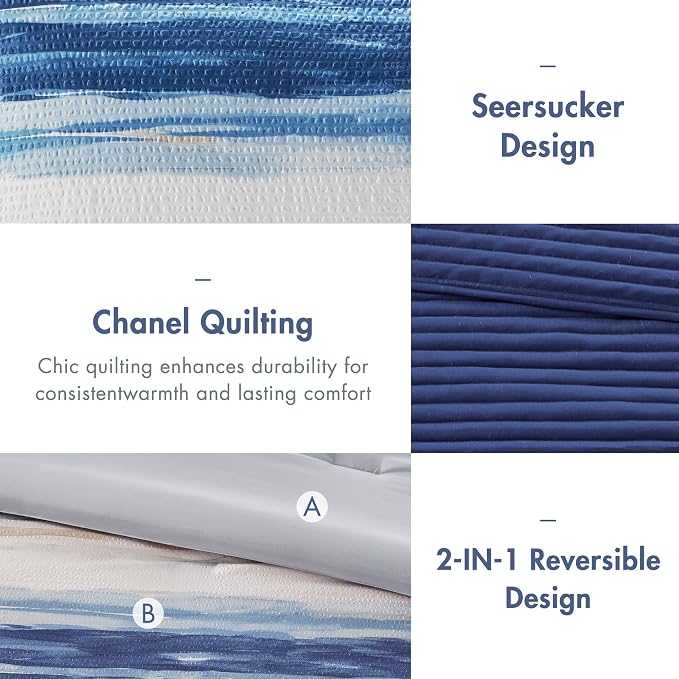 Madison Park Marina Comforter Quilt Combo Set - Modern Luxury Design, All Season Down Alternative Bedding, Matching Shams, Decorative Pillows, Full/Queen(90"x90"), Seersucker Blue 8 Piece | All Season Down Alternative Bedding Set with Comforter, Shams,...