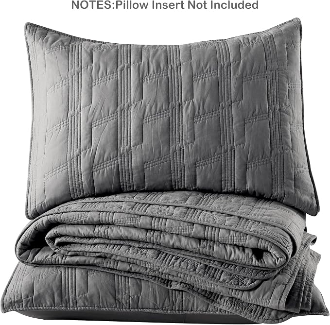 HORIMOTE HOME 100% Cotton Quilt Set Queen Size, Dark Grey Pre-Washed 3-Piece Bedspread Coverlet Set, Cozy Lightweight Stitching Bedding Cover with 2 Shams in Geometric Pattern for All Season