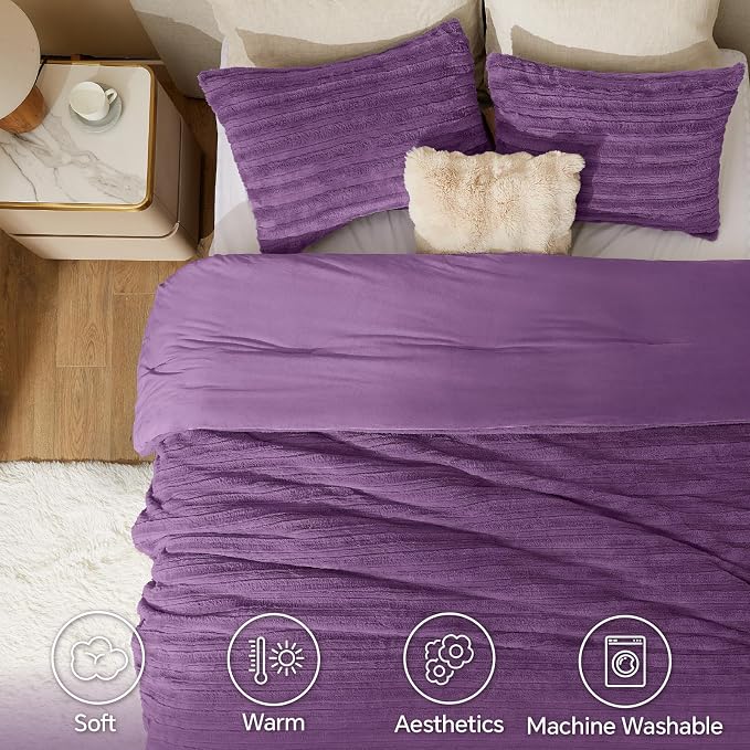 BEDELITE Faux Fur King Size Comforter Set, Fluffy Bed Set, Purple | Super Soft & Warm, Luxury Fuzzy Cozy Comforter for Winter, Heavy Plush Bed set, with 2 Pillowcases