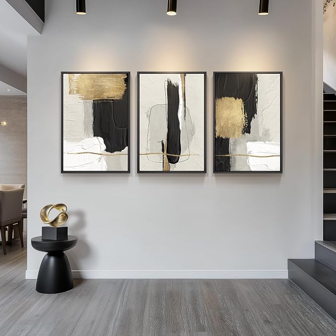 Large Framed Black and White Abstract Wall Art for Living Room, 3 Piece | Modern Paintings, Minimalist Artwork, Black Gold Pictures, Canvas Prints, Wood Frames, Office Bedroom Wall Decor 24x36 Inch