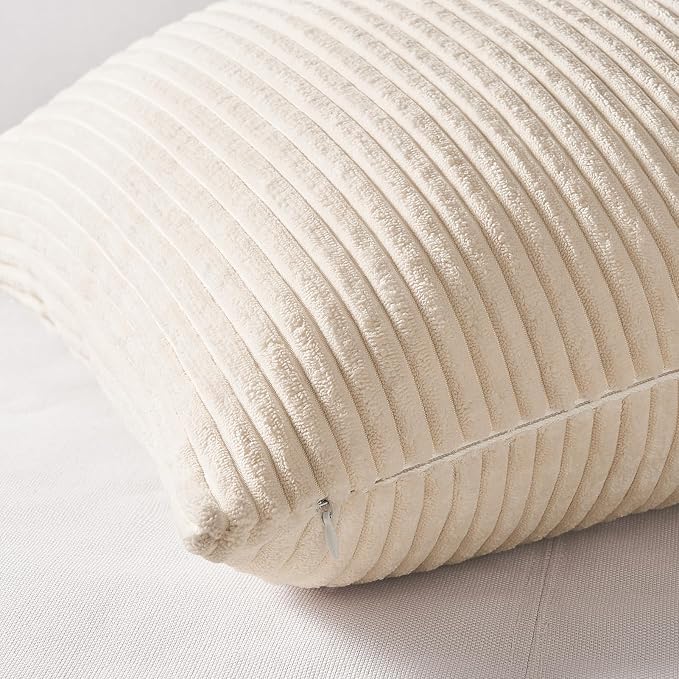 Topfinel 4 Packs Neutral Decorative Throw Pillows Covers 16x16 Inch for Living Room Couch Bed Sofa, Rustic Farmhouse Boho Neutral Home Decor, Soft Plush Striped Corduroy Square Cushion Case 40x40 cm