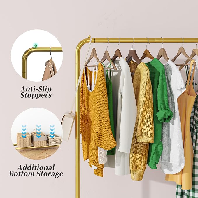 Simple Trending Standard Clothes Clothing Garment Rack with Storage Shelves, Rolling Clothes Organizer on Wheels for Hanging Clothes, Gold (Pack of 2)