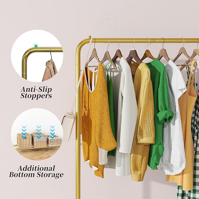 Simple Trending Clothes Clothing Garment Rack, Clothes Organizer, Gold | Storage Shelves, 360° Lockable Wheels, Anti-Slip Stoppers, Bedroom, Laundry Room