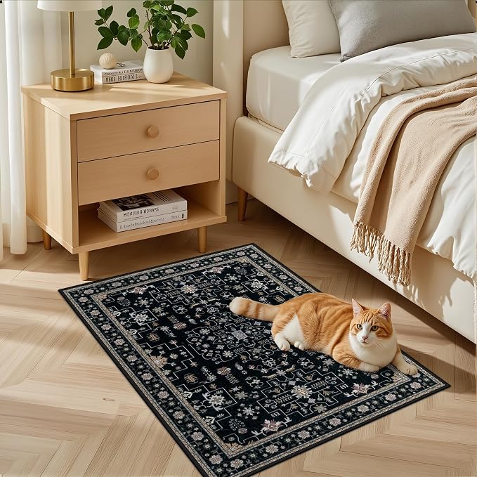 2x3 Area Rugs Living Room: Washable Vintage Rug for Bedroom Black | Boho No Slip Stain Resistant Rug Soft Indoor Decor Floor Floral 2x3 Area Rugs for Dining Room, Nursery, Hallway, Home Office