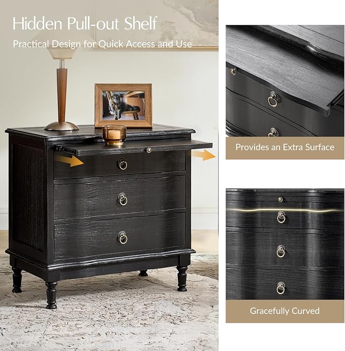 HULALA HOME Solid Wood End Table Set of 2 with Charging Station, 3 Drawer End Table with Pull-Out Tray, USB & Type-C Ports, Traditional Curved Front Accent Side Table for Living Room Sofa, Charcoal