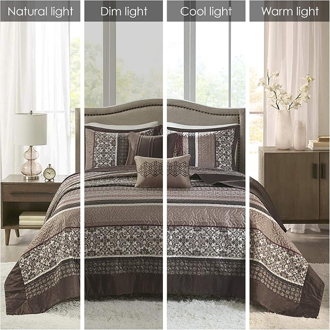 Madison Park Quilt Set Luxurious Jacquard Stripes Design - All Season, Coverlet Bedspread Lightweight Bedding Layer, Shams, Decorative Pillow, King/Cal King(104"x94"), Floral Red 5 Piece | All Season, Luxurious Coverlet Bedspread Lightweight Bedding La...