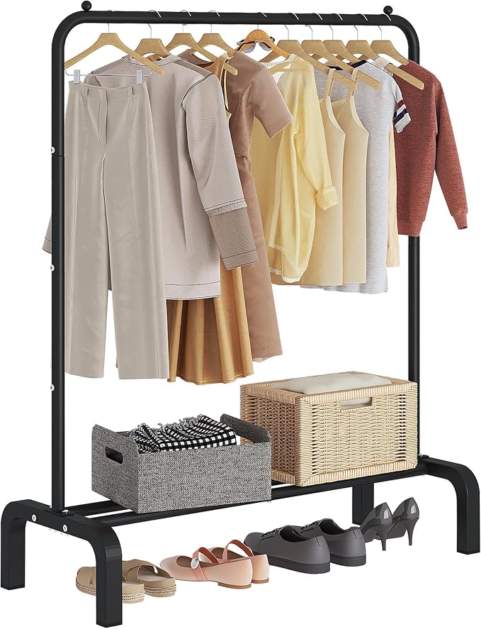 JIUYOTREE Garment Rack Clothing Clothes Rack for Clothes Organizing Black | Standard Metal 34 Inches Garment Rack with Bottom Shelf for Hanging Clothes Coats Jackets Shirts Sweaters Jeans Black