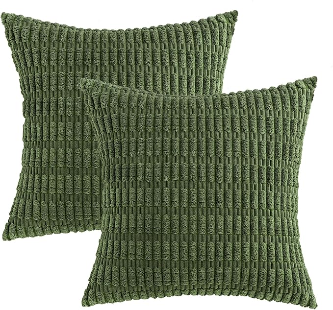 MIULEE Corduroy Decorative Throw Pillow Covers 20x20 Moss Green Pack of 2 | Soft Boho Striped Pillow Covers Modern Farmhouse Home Decor For Sofa Living Room Couch Bed