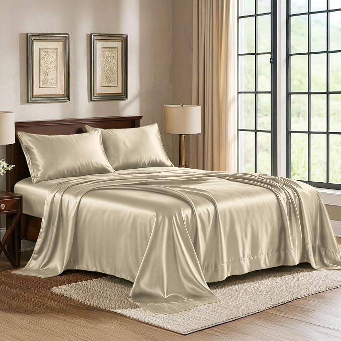 Satin Sheets Queen [4-Piece, Champagne Gold] Hotel Luxury Silky Bed Sheets - Extra Soft 1800 Microfiber Sheet Set, Wrinkle, Fade, Stain Resistant - Deep Pocket Fitted Sheet, Flat Sheet, Pillow Cases