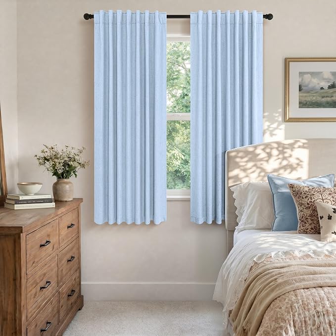 Pitalk Light Blue Curtains for Bedroom 63 Inch Length 2 Panels Linen Blackout Room Darkening Cold Heat Light Blocking Sky Baby Blue Curtains for Kids Room Girls Boys Nursery Breakfast Nook 52x63 Long
