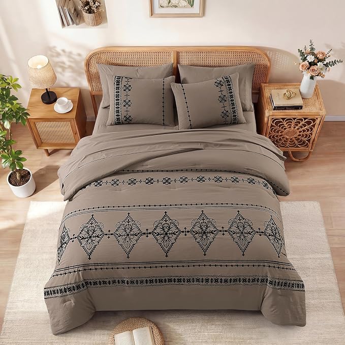 MaiRêve Queen Comforter Set Embroidery Floral 7 Pieces Bed in a Bag | Taupe Grey Boho Farmhouse Bedding Sets with Comforter, Sheets, Pillowcases & Shams