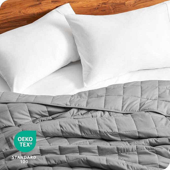 Bare Home Cotton Weighted Blanket (Light Grey, 60"x80" 20lbs) | Queen Size for Adults, All-Natural 100% Cotton, Premium Heavy Blanket Nontoxic Glass Beads
