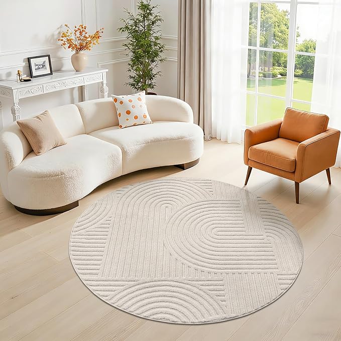 Pauwer 4ft Area Rugs for Living Room, Modern Non Slip Washable Rug, Beige | Arch Pattern, Soft Fluffy, Neutral, Boho Accent, Indoor Round Floor Carpet, For Kids Room Dining Room Nursery Entryway