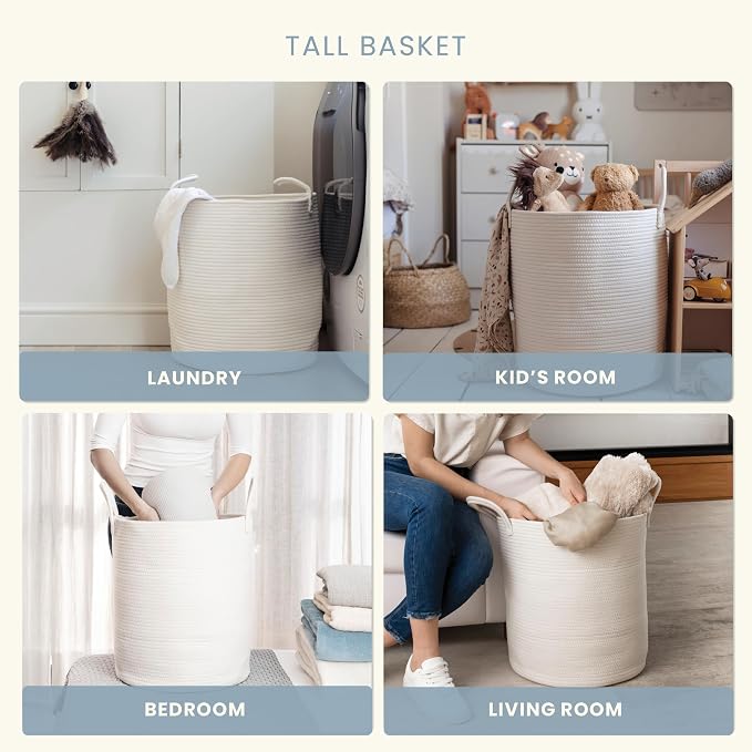 OrganiHaus Tall Cotton Rope Laundry Basket & Hamper, Blanket Storage 52L | Full Off-White - Tall Cotton Rope Hamper, 52L