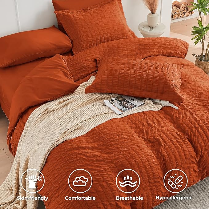 HYMOKEGE Burnt Orange Queen Comforter Set Seersucker 7 Pieces, All Season Luxury Bed in a Bag for Bedroom, Bedding Set with Comforters, Sheets, Pillowcases & Shams