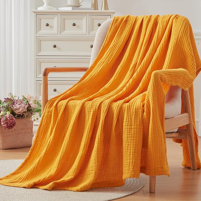 EMME Muslin Blankets for Adults Throw Blanket for Couch Breathable Gauze Soft Lightweight Airy Mustard Yellow Twin 60" x 80"