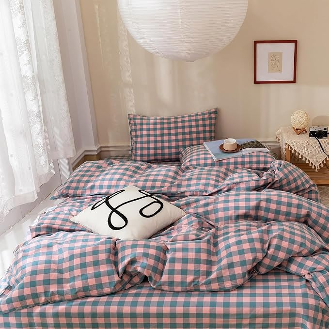 mixinni Plaid Duvet Cover Set King Purple - Soft Washed Cotton Modern Geometric Bedding Set with 2 Pillowcases, Pink Blue Gingham Grid King Duvet Cover for Men & Women, Soft & Lightweight