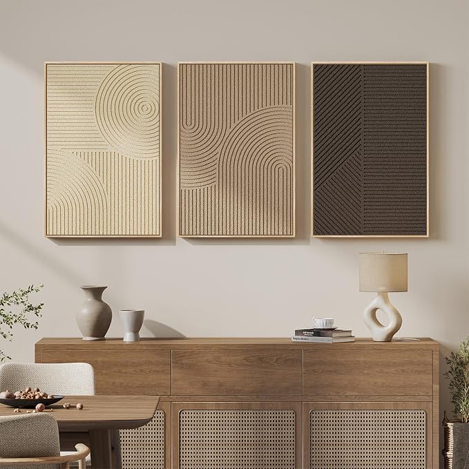 Large 3D Framed Neutral Abstract Wall Art Set of 3, Modern Artwork 20x30 In | Solid Wood Frame, Textured Paintings, Beige Brown Tan Geometric Sculptural, Pictures Wall Decor Living room Bedroom Office