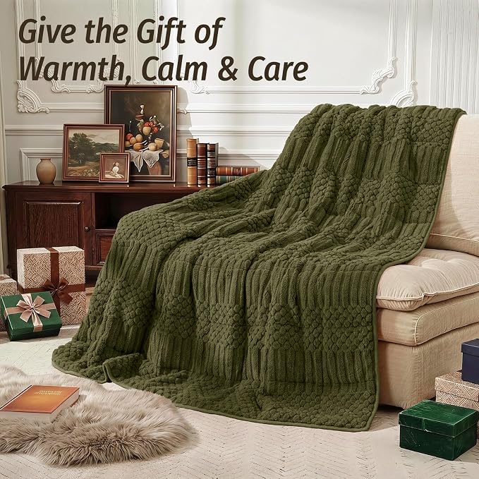 Sherpa Weighted Blankets for Adults, 60" x 80" 15 lbs Army Green | Queen Size Bed, Super Soft Fuzzy Heavy Throw Blankets for Better Sleep, Jacquard Knitted, Chunky Warm Fluffy, Glass Beads