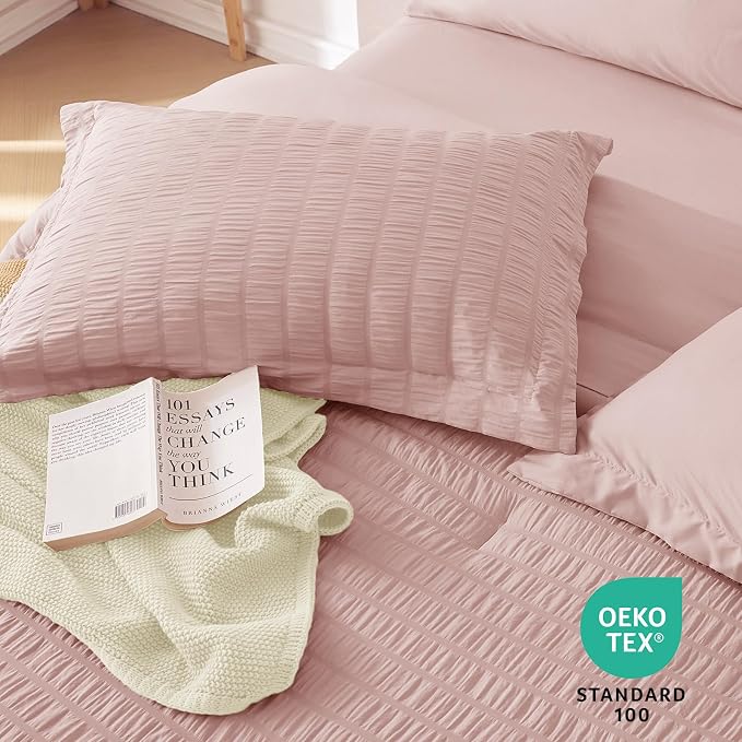 7 Pieces Full Comforter Set, Seersucker Bed in a Bag Full Size, All Season Luxury Bedding Set with Comforter, Flat Sheet, Fitted Sheet, Pillowcases & Shams, Rose Gold