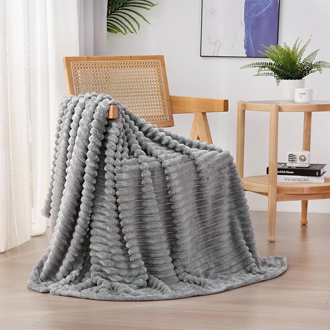 Grey Fleece Throw Blanket 50”×60” for Couch Sofa Livingroom | Super Soft Cozy Plush Microfiber Flannel Bed Blanket Striped Design Lightweight Home Decor Gifts for Adults Mom Women