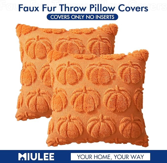 MIULEE Fall Pillow Covers Pumpkin Fall Decor 18x18 Orange | Set of 2 Fall Decorations for Home, Plush Faux Fur Farmhouse Accent Pillowcases, Porch Sofa Couch Cushion Bed Livingroom