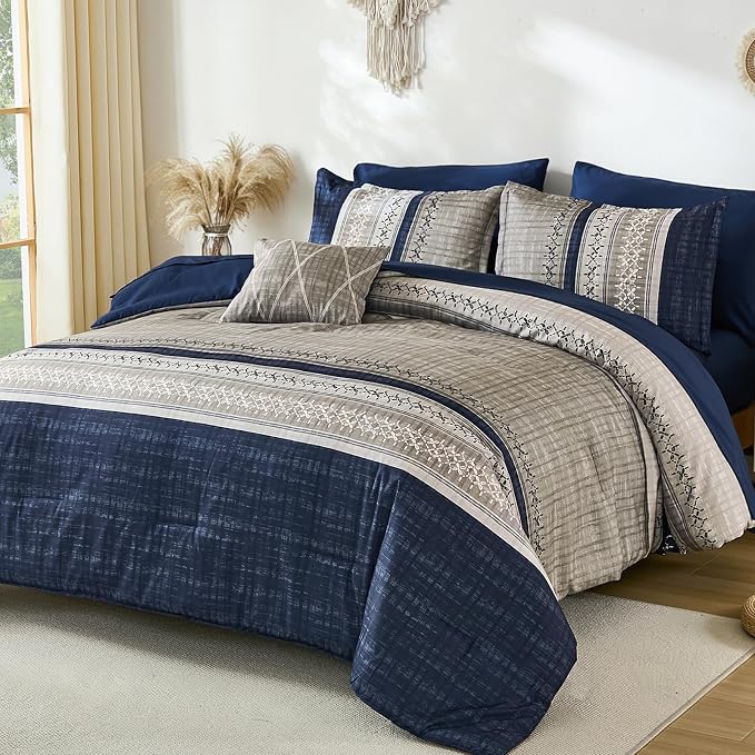 Dintszyayue Blue King Comforter Size Set, 8 Pieces Boho Grey Striped Texture Bed in a Bag Sets, Lightweight Soft Bohemian Comforter and Sheet Set, All Season Microfiber Bedding Sets for Men Women