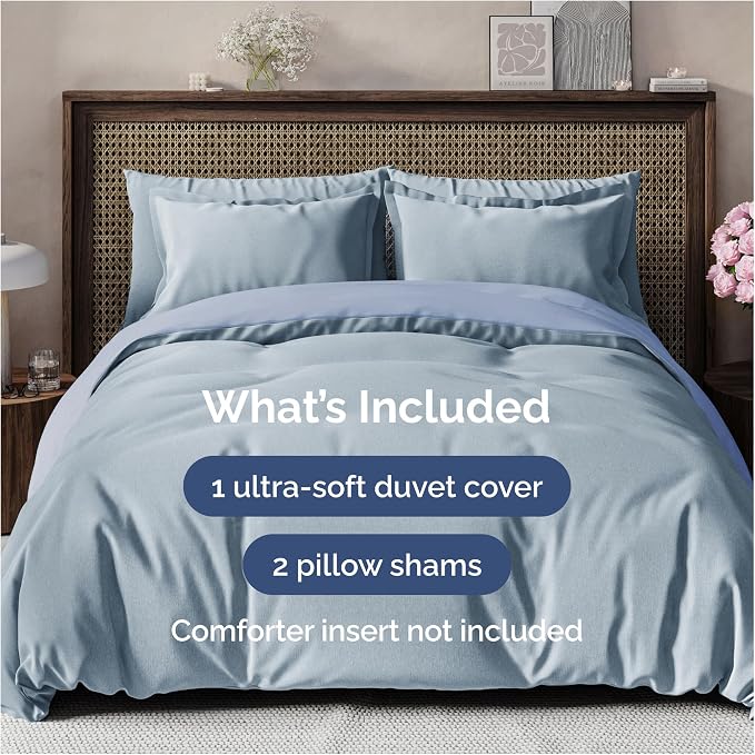 Duvet Cover Queen Size - 3 Piece with Zipper Closure - Heathered Blue | Extra Soft, Breathable, Queen Duvet Cover 90" x 90" with 2 Pillow Shams, Zipper Closures & Ties, Women, Men, Kids & Teens