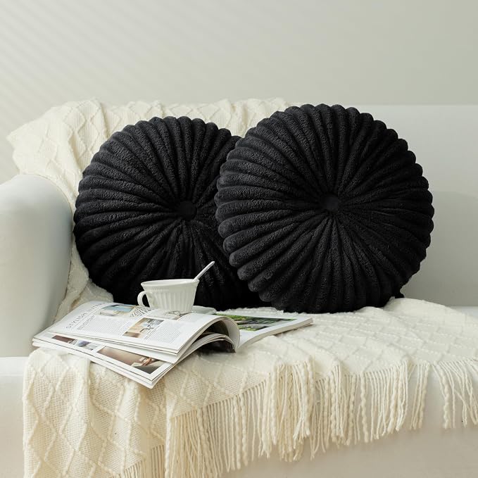 HIG Set of 2 Black Flannel Decorative Round Pleated Throw Pillows | Vintage Floor Pillows, Classy Accent Pumpkin with Center Button, for Sofa Couch Vanity Chair Bed, 14.5" Diameter