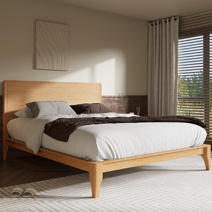 Merax Full Size Bamboo Platform Bed Frame with Tall Headboard, Natural | Mid-Century Modern Solid Bedframe Full-Size, Wood Slat Support, No Box Spring Needed, Easy Assembly, Noise Free