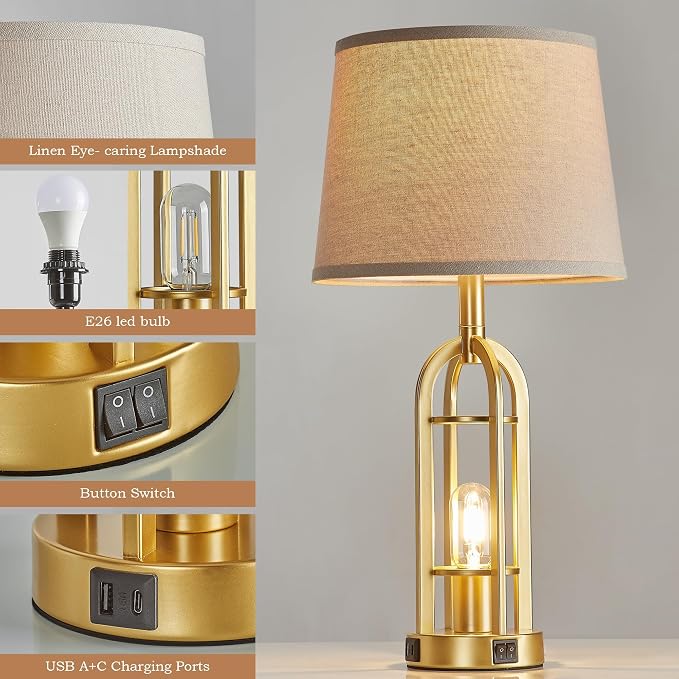 SRJJA Gold Table Lamps for Living Room Set of 2 - Modern Farmhouse Bedside Lamps for Bedroom Night Stands with Nightlight and USB A+C, Industrial Lamp for Living Room End Tables