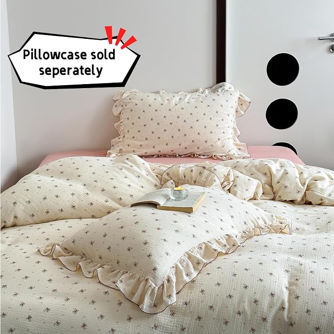 Muslin Cotton Duvet Cover Full Elegant Ruffles Duvet Covers Soft Breathable Comforter Cover Kids Adults Bedding Floral Quilted Cover, 79"x90", No Pillow/Pillow Cases